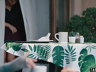Chubby CIS slut Leana Lovings fucked by a hot shemale waitress Emma Rose