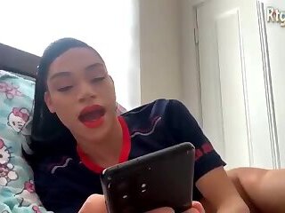 petite American tgirl jerks off her big cock on webcam