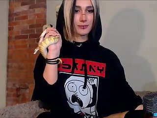 Blonde trans girl jerking off her huge dick on cam