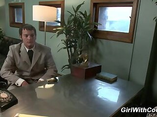 An arrogant intern Mike J tries to bully the sexy shemale secretary Eva Lin