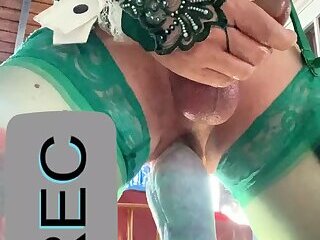 cute shemale lingerie green lace anal riding dildo