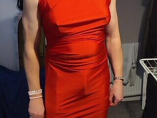 Tranny granny in red dress and heels