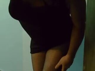 Sexy Blonde Crossdresser Black Mini Skirt Fishnet