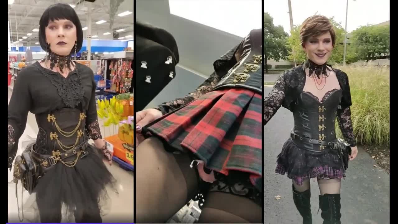 Gothic Sissy Tranny Walking In Public with Dick Exposed Under Skirt and Butt Plug