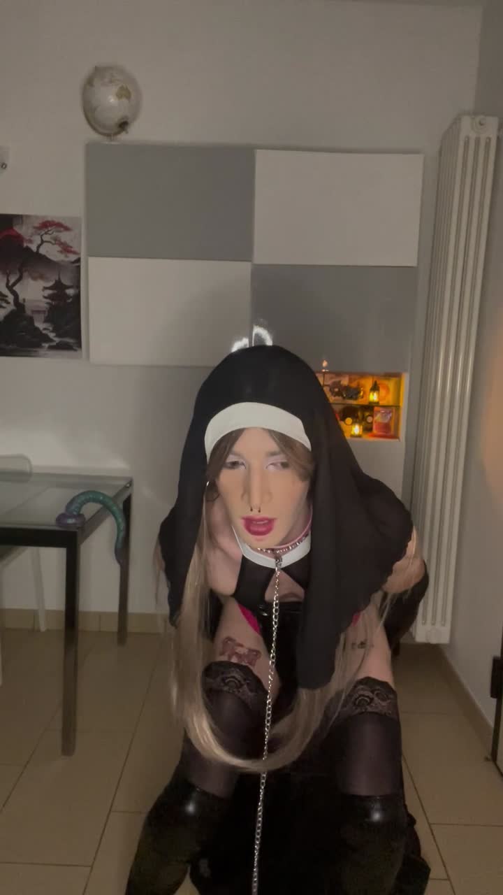 Sexy sissy slut nun in chastity celebrates her slutty mass, begging to be blessed with lots of BBC