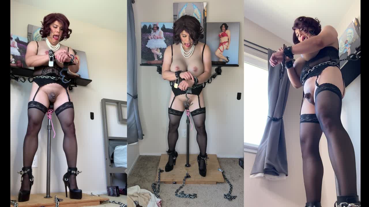 Lingerie Sissy Candy Is Locked on Her Dildo Stand in Bondage and Cums with Vibrator
