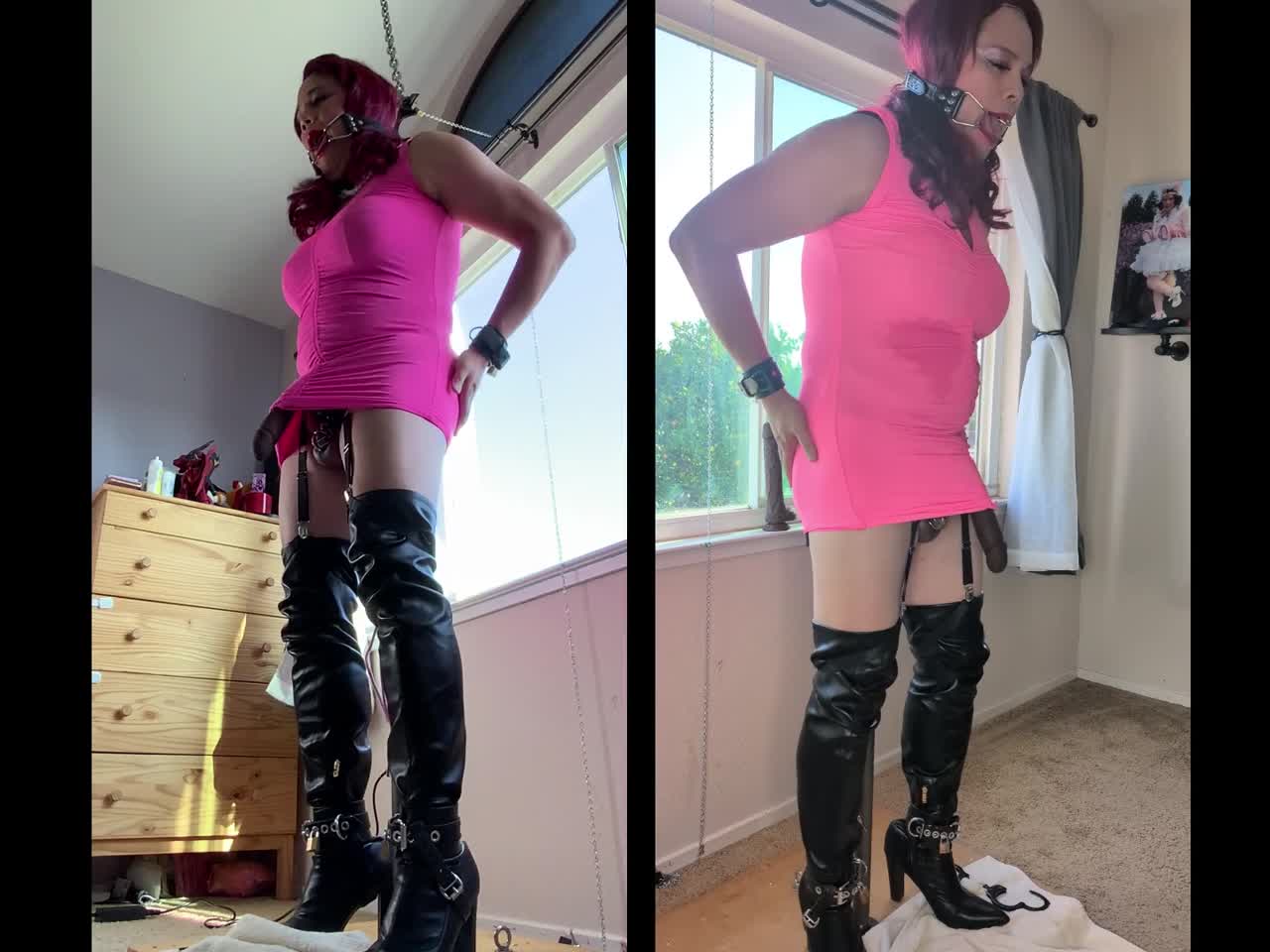 Sissy Locked in Chastity and in Bondage on Her Post with a Huge Dildo