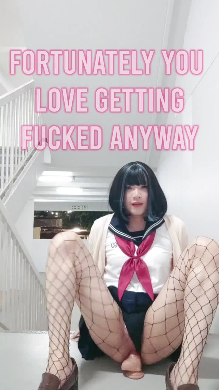 chinese sissy in school uniform masturbating with a dildo in public (with sissy captions)